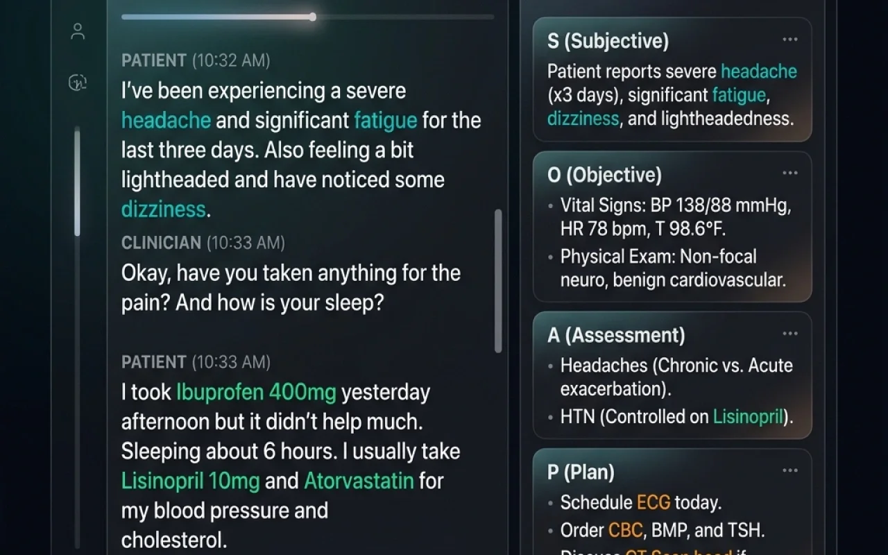 Ambient Scribe interface displaying entity-highlighted streaming text. Ambient Scribe Interface