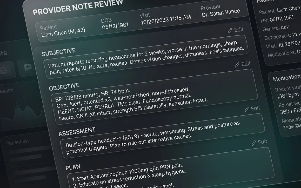 Provider review SOAP notes editor panel. Provider Review Panel