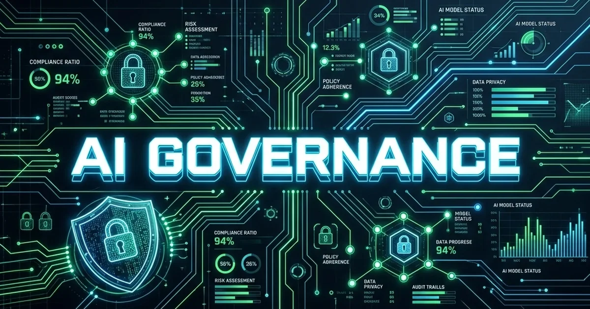 AI Governance Hub: Cinematic visualization of a modern security operations center tracking registered AI tools, compliance logs, and data security gates. Agent Governance Console