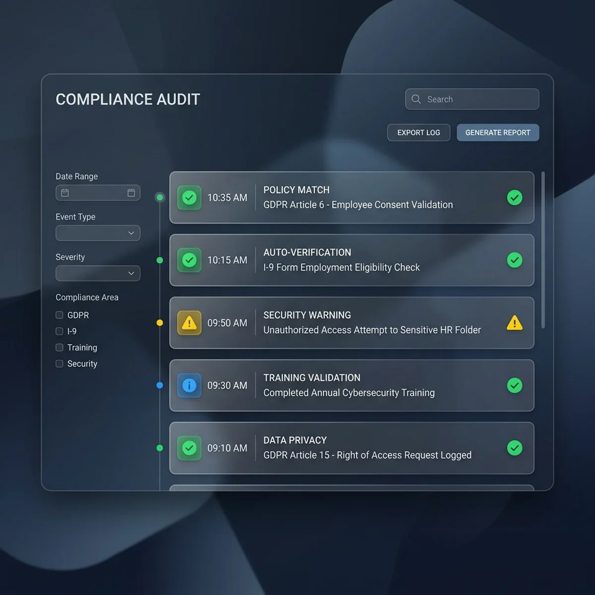 Compliance Audit Feed: The compliance operations log streaming executed agent events, policy check results, and database audit logs. Compliance Audit Logs UI Screenshot