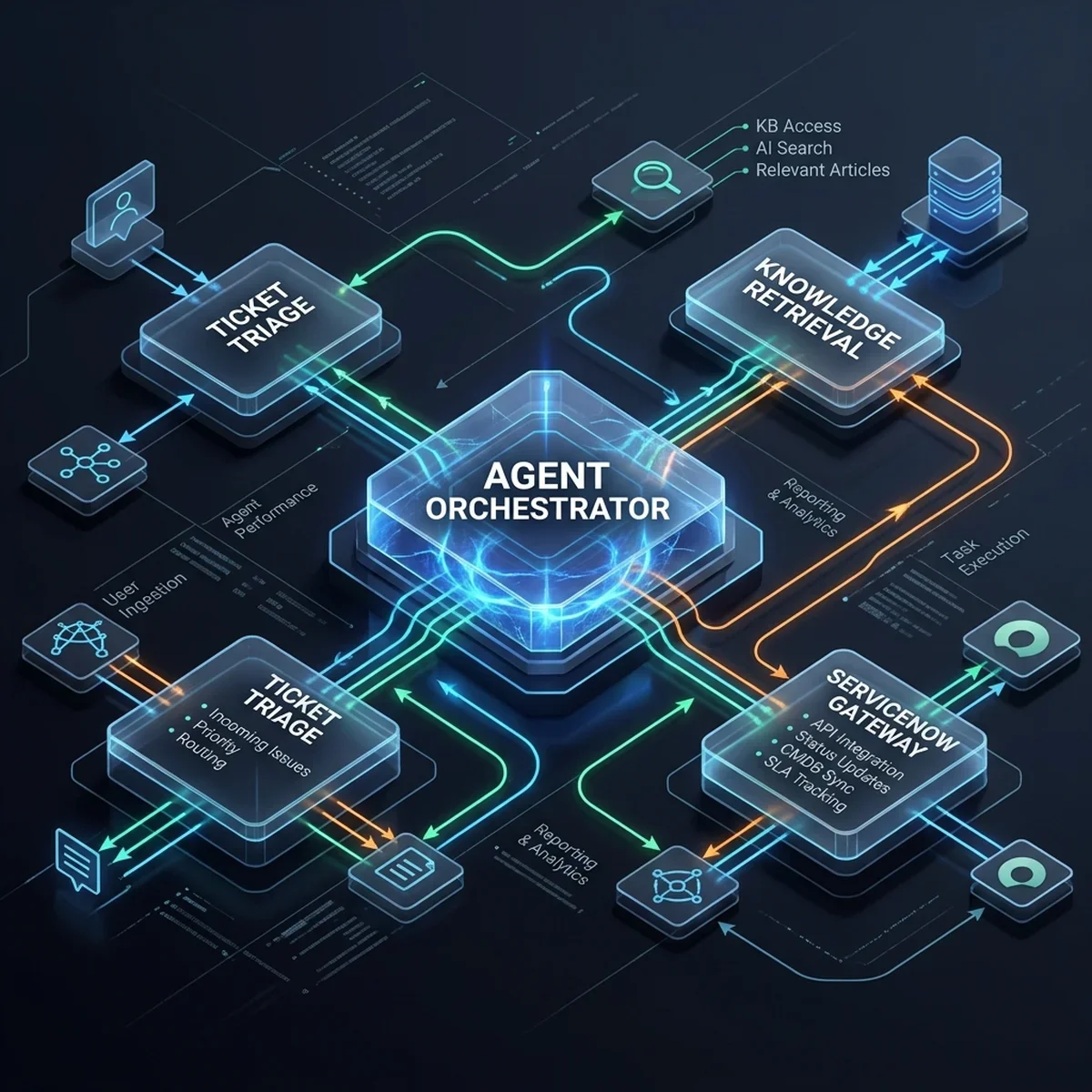ITSM Multi-Agent Architecture Blueprint: Technical 2D diagram illustrating the event-driven integration between ServiceNow, the RabbitMQ broker, knowledge bases, and the four service agents. ITSM Multi-Agent Architecture