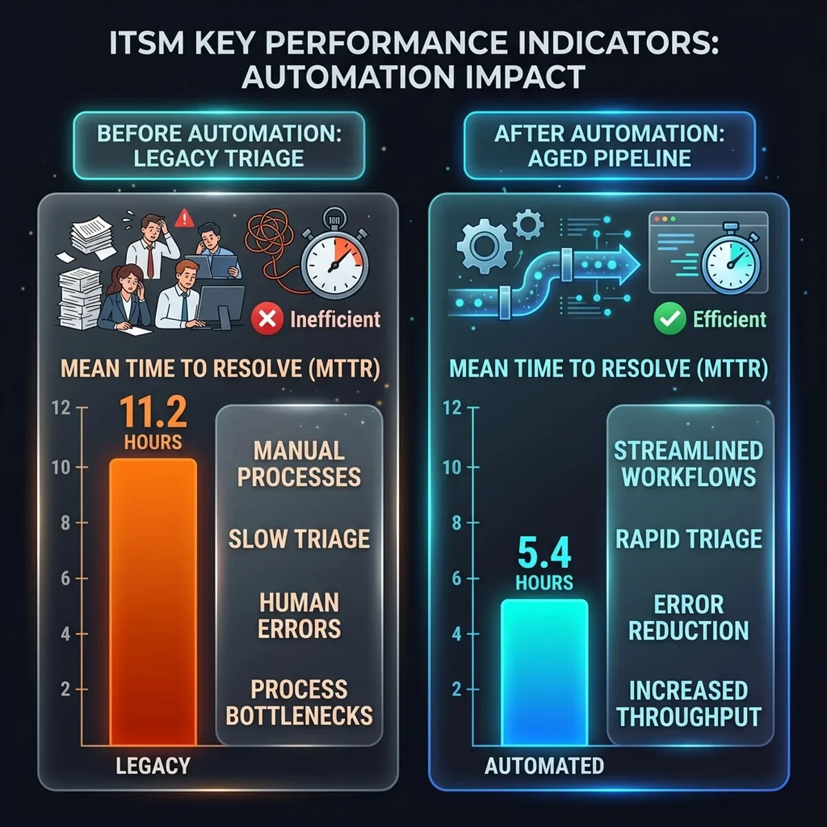 ITSM Performance Metrics: Comparative chart illustrating before-and-after cycles for ticket triage, L1 auto-resolutions, and escalation rework rates. ITSM Performance Comparison