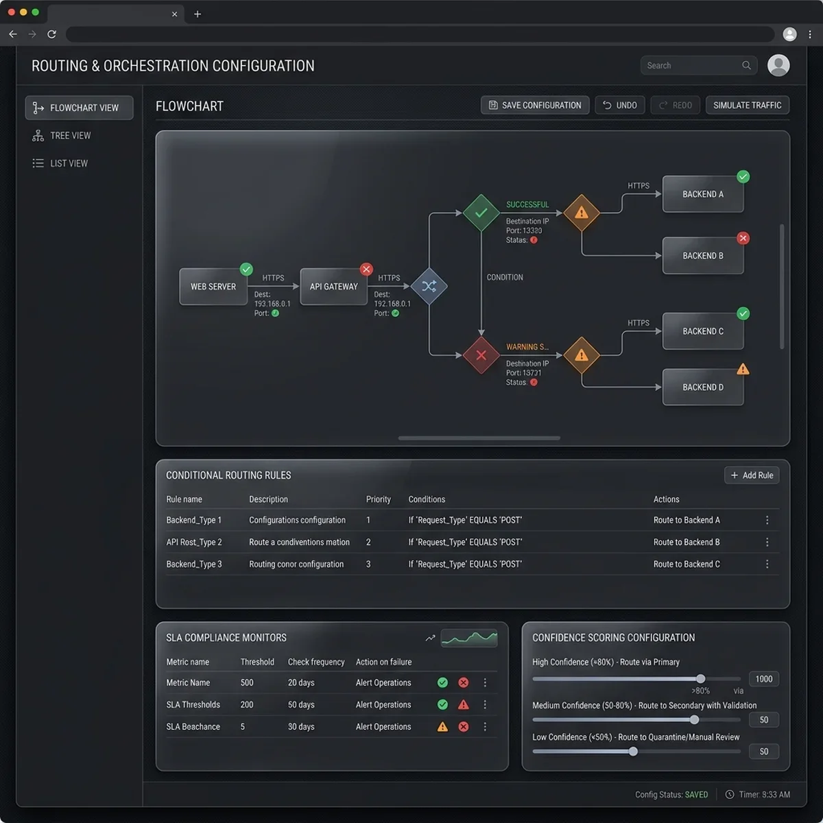 Routing Rules Configuration: The workspace where administrators configure agent escalation thresholds and SLA confidence levels. Routing Rules Configuration Screenshot