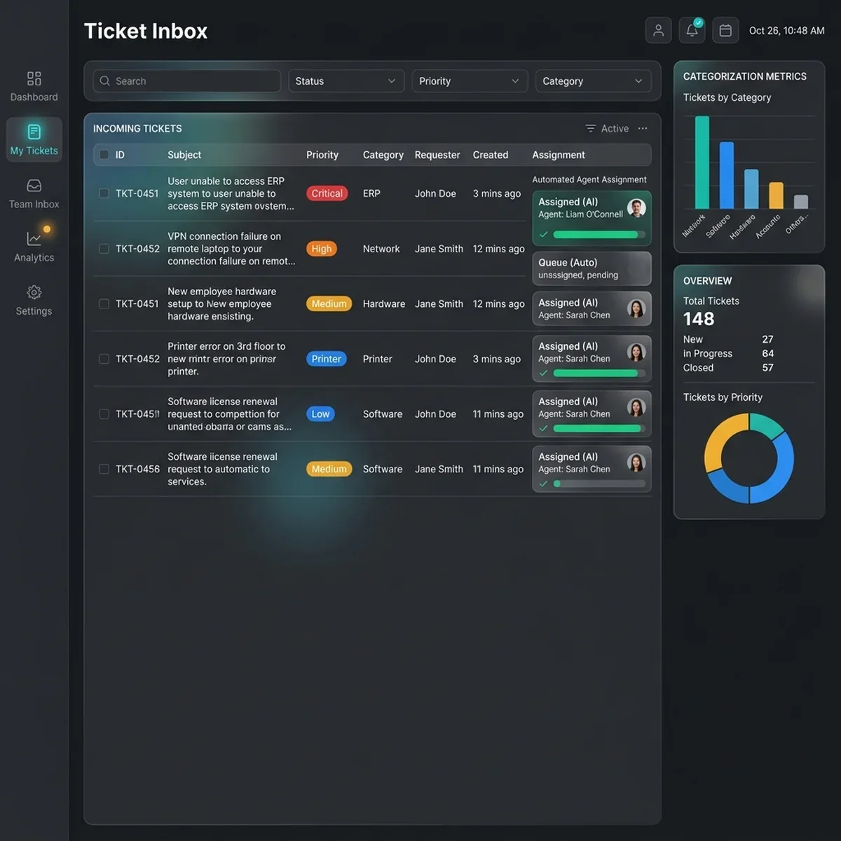 ITSM Ticket Triage Inbox: Support workspace showing incoming ticket lists, agent categorization tags, priority metrics, and automated assignments. Ticket Inbox Screenshot