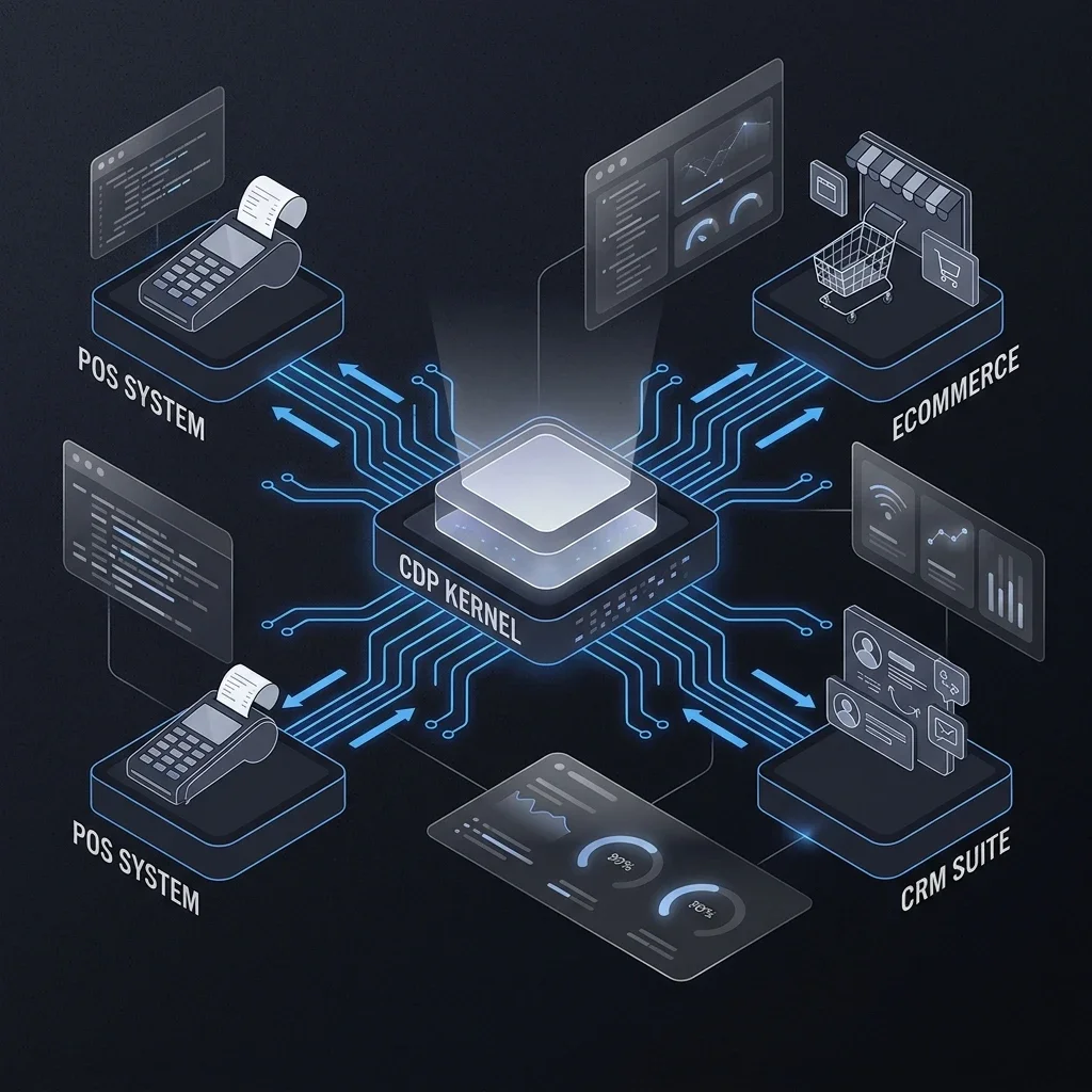 CDP Systems Architecture: A high-fidelity blueprint illustrating the complete data ingestion, processing, and caching layers of our Customer Data Platform. CDP Technical Architecture Blueprint