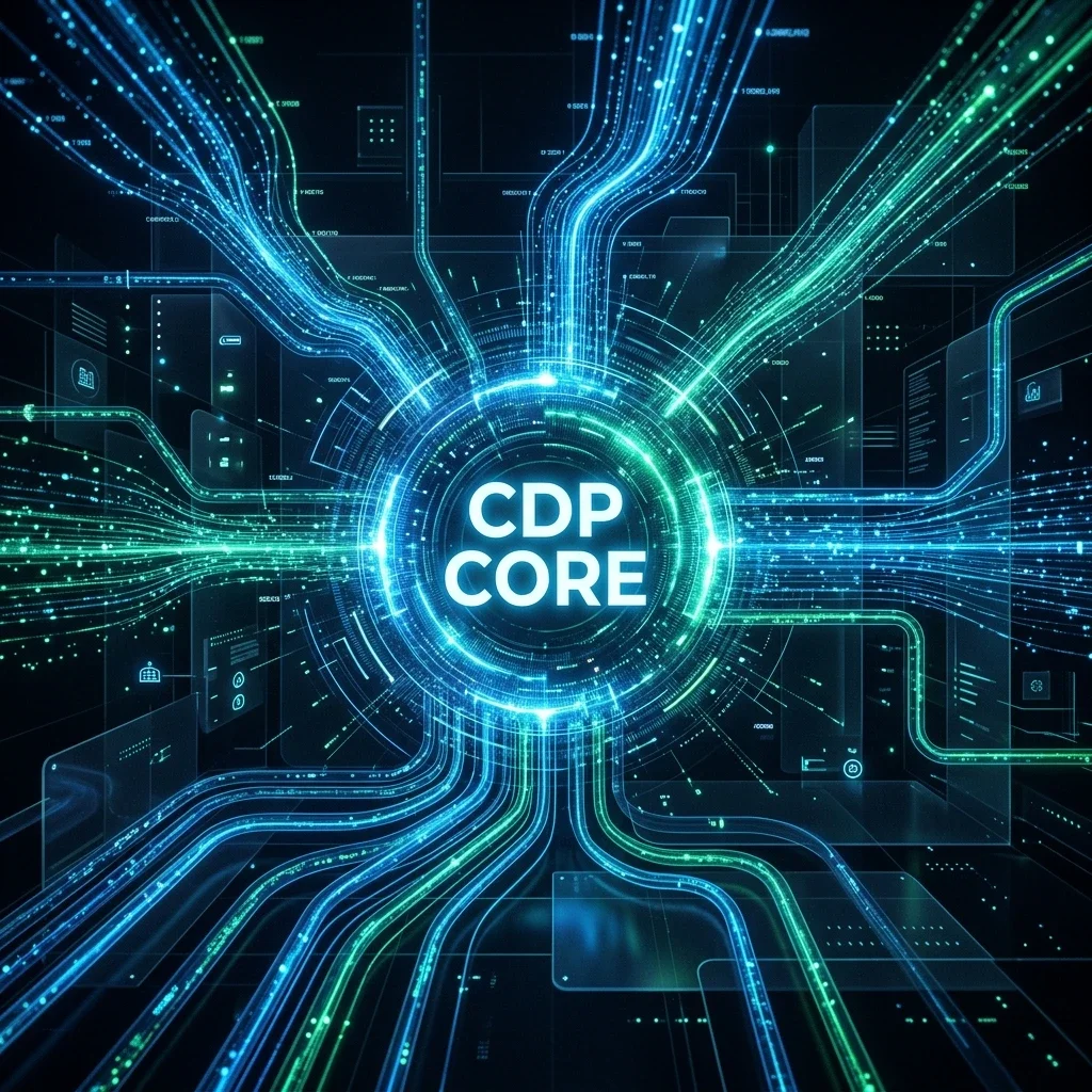 Omnichannel Intelligence: A high-fidelity cinematic visualization of unified online and offline consumer streams merging into a secure, real-time enterprise core. Omnichannel Retail & CDP Integration Banner
