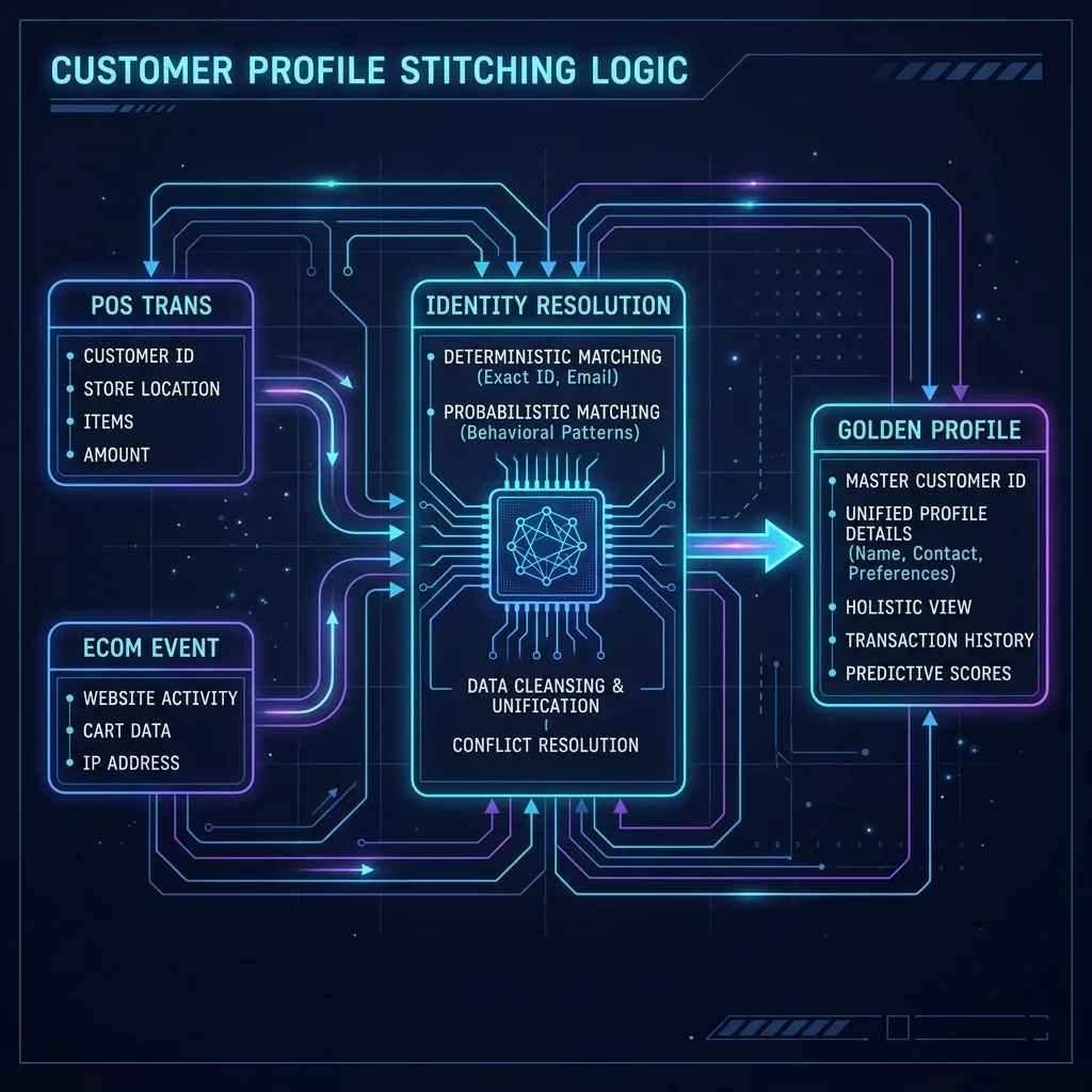 Ingestion Flow Pipeline: A structured process diagram mapping raw input streams through our real-time Kafka topics and identity resolution layers. Data Flow Stitching Diagram