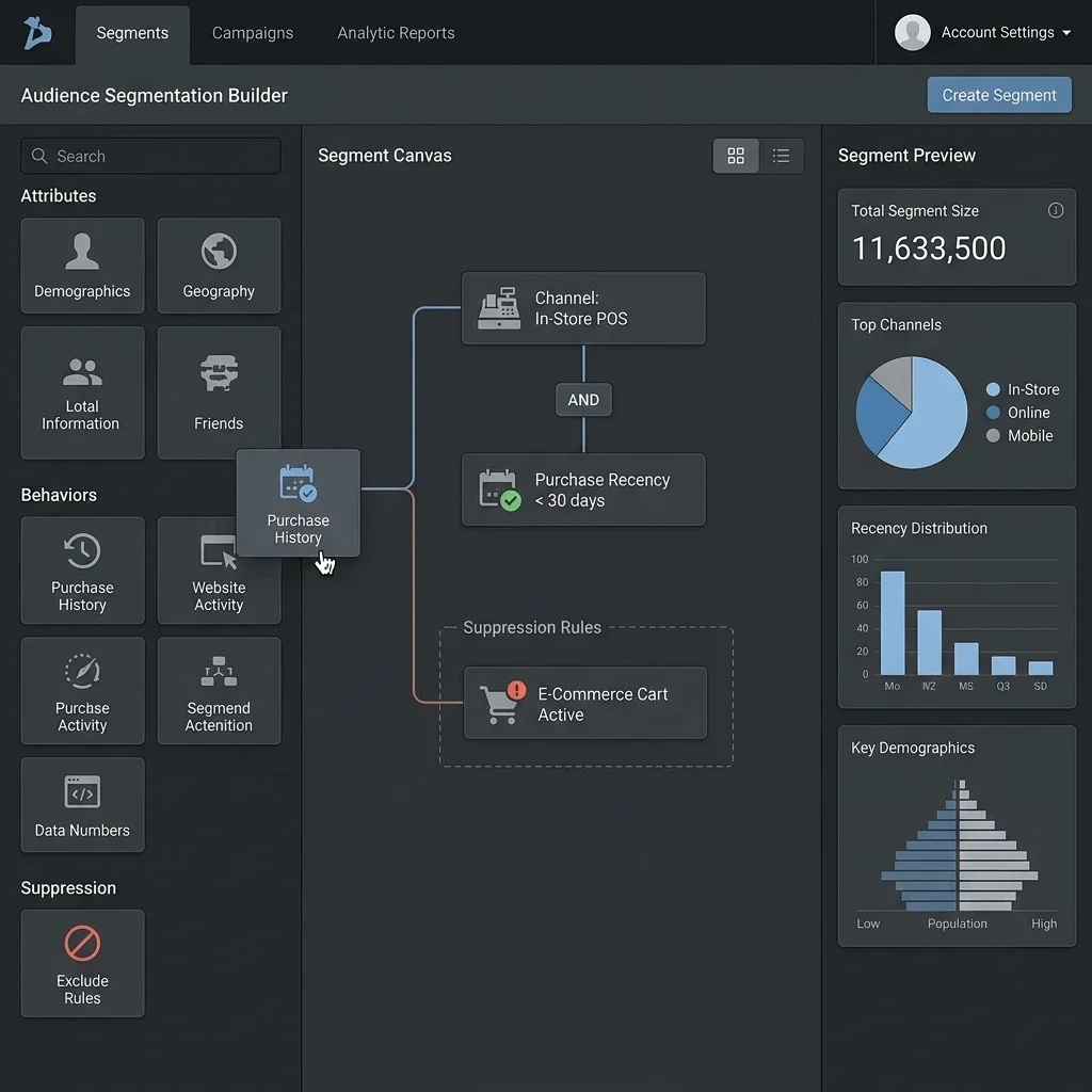Segment Suppressions: The drag-and-drop segmentation console with automated ad suppressions and custom lifetime value rules active. Audience Builder Segment Logic