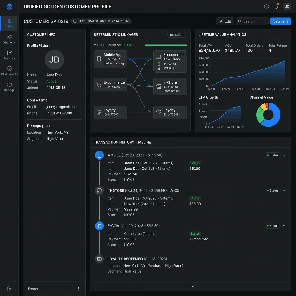 360-Degree Profile: The customer workspace illustrating a unified timeline of POS and online transactions next to core lifetime analytics. Golden Profile Timeline UI