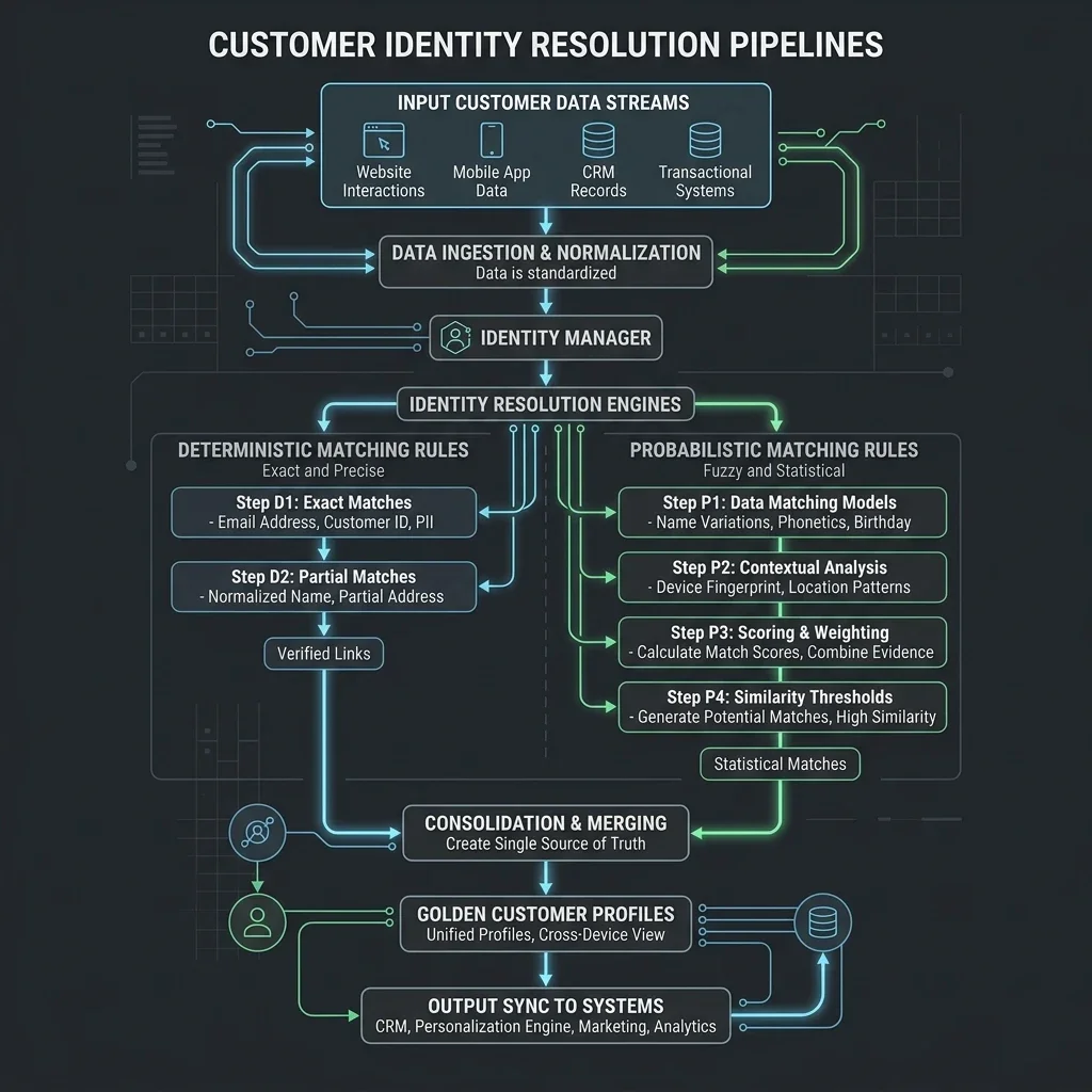 Stitching Decision Tree: The algorithmic workflow determining when to merge customer records deterministically vs probabilistically. Identity Resolution Workflow