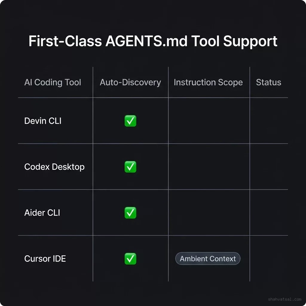 First-Class AGENTS.md Tool Support Table