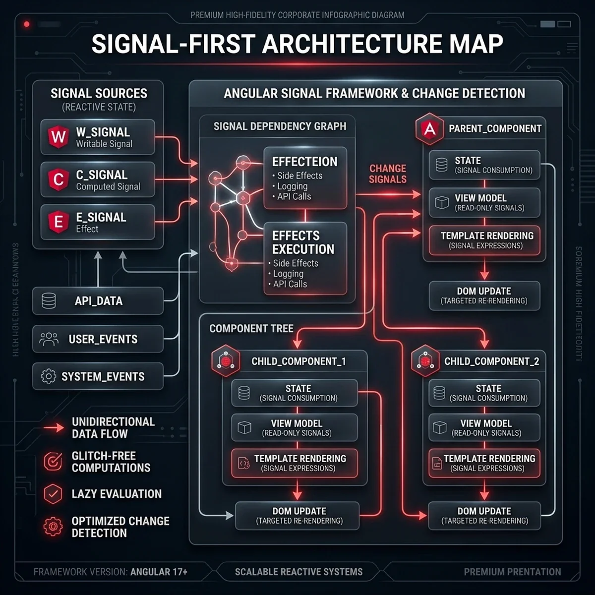 Signal-First Architecture Map: Visualizing how template updates skip global ZoneJS sweeps, targeting only components bound to active signals. Signal-First Architecture Map