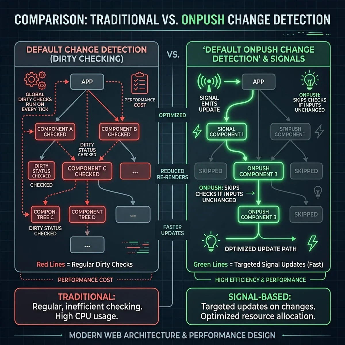 Change Detection Comparison: Contrasting the traditional ZoneJS global dirty checking traversal path with the optimized, signal-directed OnPush local component redraws. Default OnPush Change Detection Comparison
