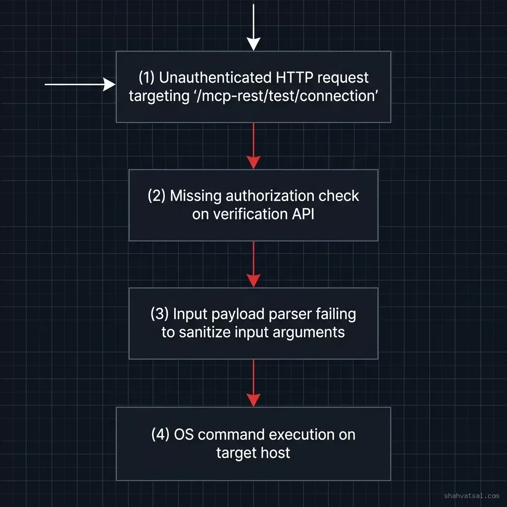 Exploit flow showing HTTP POST request triggering unauthenticated command injection in LiteLLM