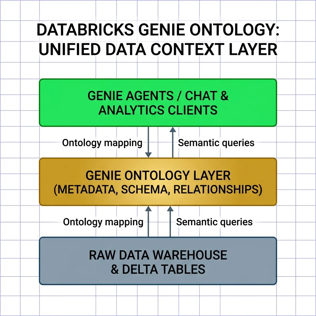 Databricks Genie Ontology Context Layer — Delta Tables on the bottom, Genie Ontology in the middle containing business definitions and relationships, Genie Agents and enterprise clients on top. Databricks 2026