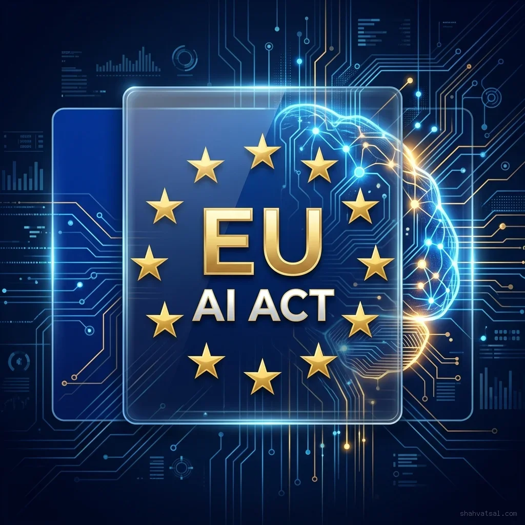 EU AI Act Portal: 2D vector graphic showing the European Union flag emblem integrated with glowing neural network connections and digital policy shields, representing the Digital Omnibus updates. European Union AI Act Compliance Portal Banner