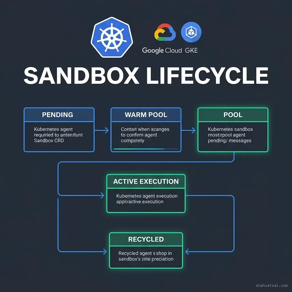 Kubernetes Agent Sandbox CRD lifecycle flowchart showing transition from Pending to Warm Pool to Active execution states