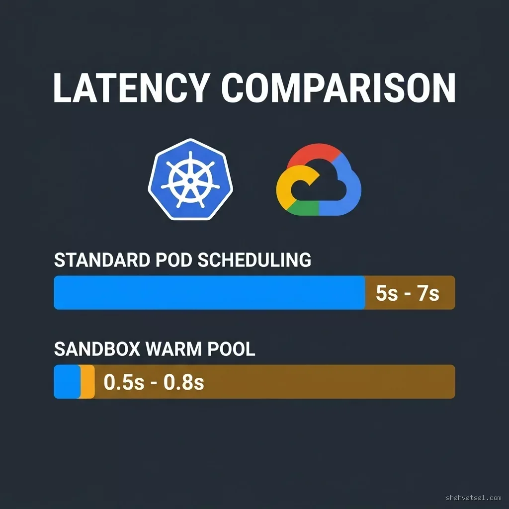 Flow diagram showing latency comparison between standard pod scheduling and SandboxWarmPool caching