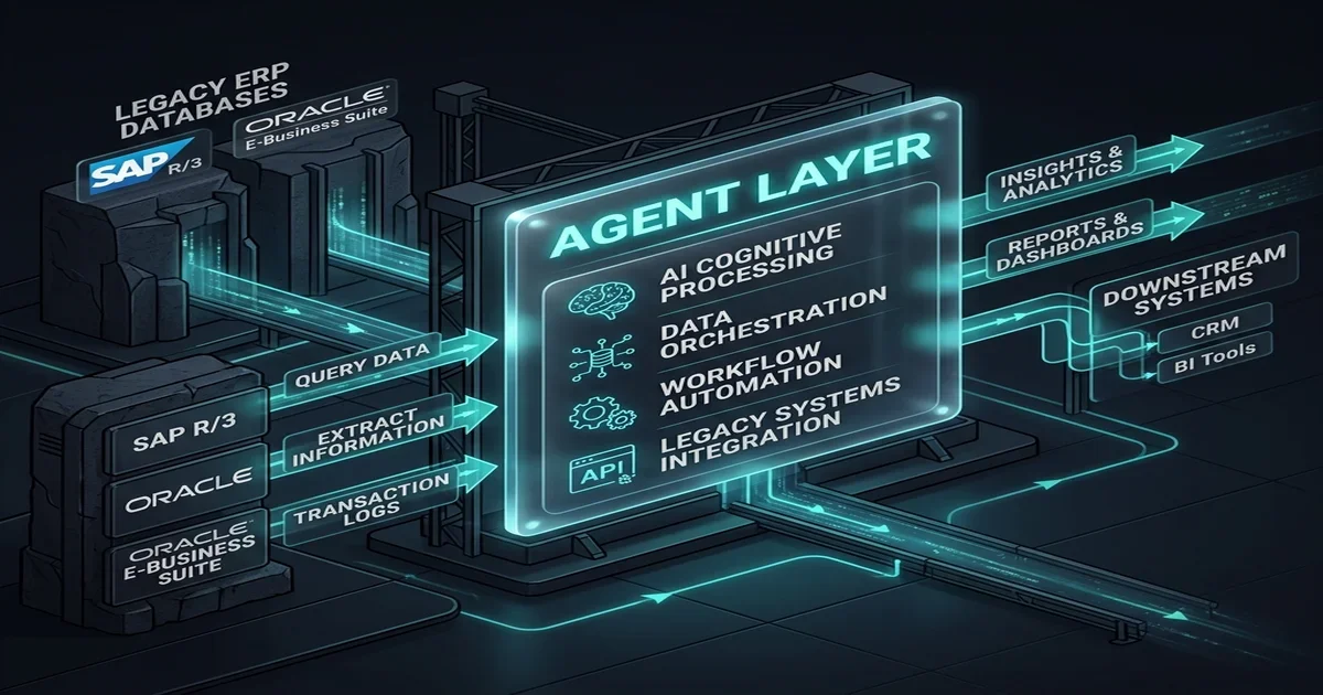 LEGACY ERP LAYER: Graphical representation of an AI Agent Layer bridging legacy enterprise databases to modern autonomous business workflows. legacy ERP AI agent integration — Legacy ERP Agent Layer — 2026