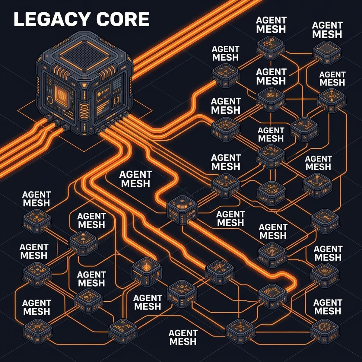 CORE MAINFRAME AGENT MESH: Detailed technical blueprint mapping a central legacy core mainframe connected via secure API gateways to a distributed mesh of autonomous agents. legacy ERP AI agent integration — Core Mainframe Agent Mesh — 2026