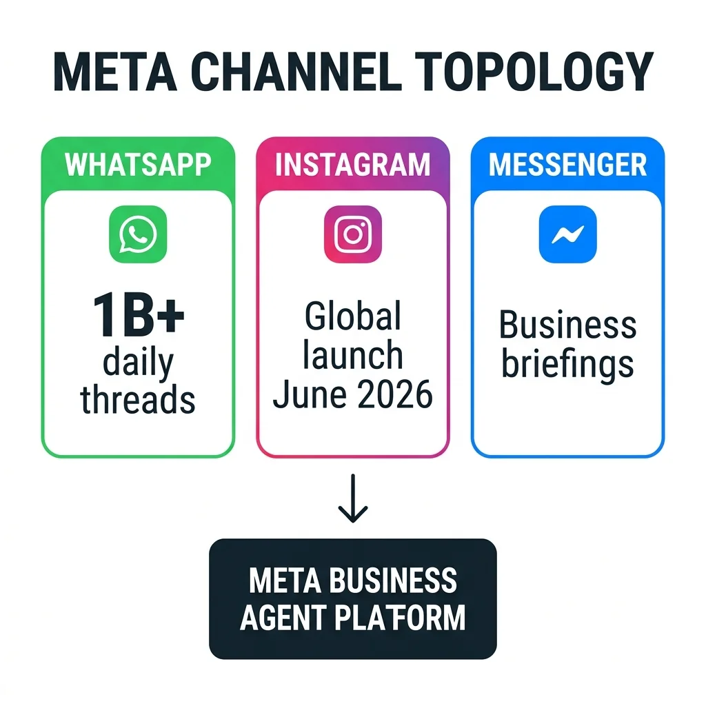 Meta channel topology — WhatsApp, Instagram, and Messenger unified under a single Meta Business Agent Platform layer