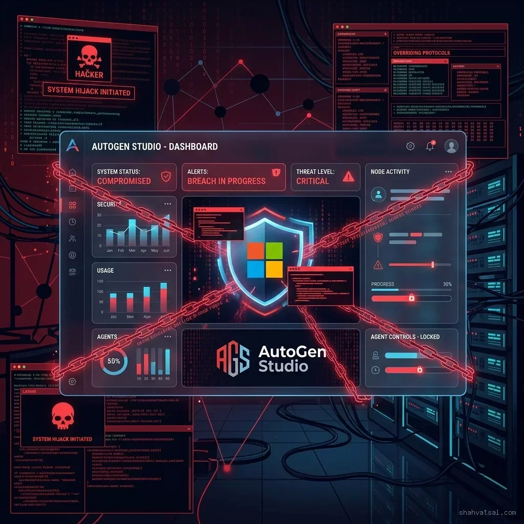 AutoJack Compromise: 2D vector graphic showing a developer's workstation screen being targeted by digital code chains and alert icons, representing the Microsoft AutoJack RCE hijack event on AutoGen Studio. AutoGen Studio Security Compromise Visualization
