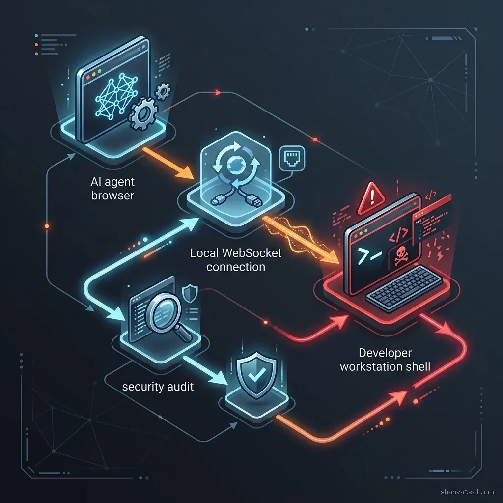 Exploit Flowchart: 1:1 schematic detailing the three phases of the AutoJack exploit: browser hijacking, cross-origin WebSocket connection, and local RCE execution. AutoJack RCE Exploit Chain Flowchart