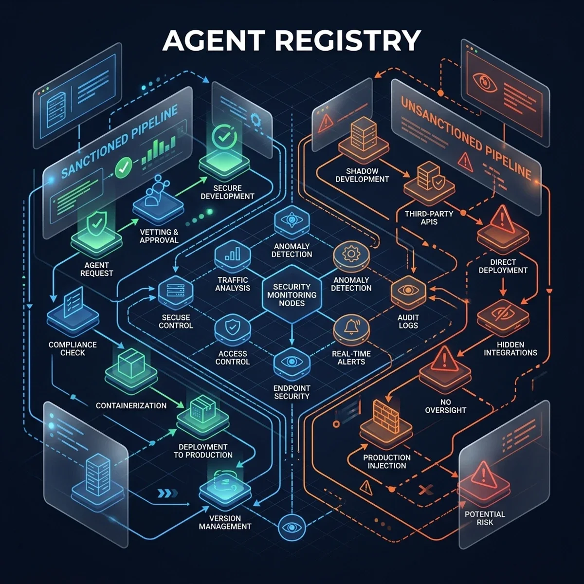 AGENT REGISTRY: Detailed technical blueprint mapping out the flow of data through sanctioned registries and DLP firewalls versus unmonitored shadow pipelines. shadow AI enterprise 2026 — Agent Registry Architecture — 2026