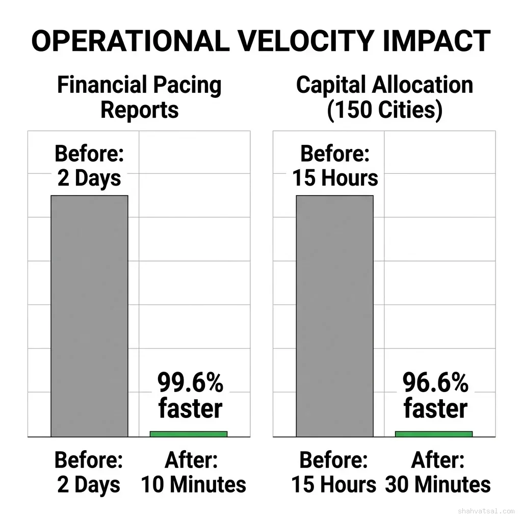 Bar charts showing before and after times for two tasks: Financial reports drop from 2 days to 10 minutes; Capital allocation across 150 cities drops from 15 hours to 30 minutes. Operational Velocity Impact — Financial Pacing Reports & Capital Allocation Time Savings