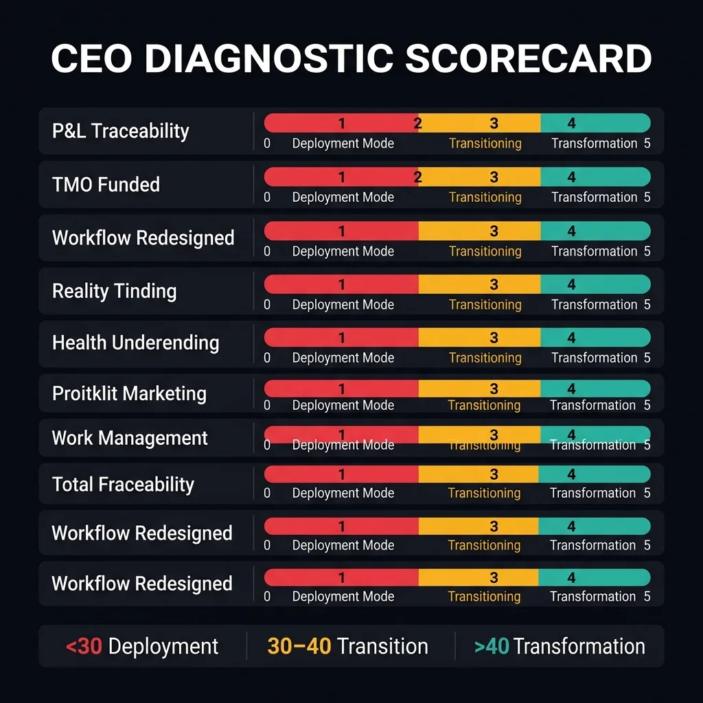Use this scorecard with your executive team in a 90-minute workshop. Score each dimension honestly. Scores below 30 signal structural deployment mode — the operating model change is the priority, not additional AI investment. CEO AI Transformation Diagnostic Scorecard — 10-row dashboard with color-coded readiness meters for each governance dimension, from P&L Traceability to TMO Funding to Workflow Redesign. Red zones signal deployment mode; teal zones signal transformation infrastructure.