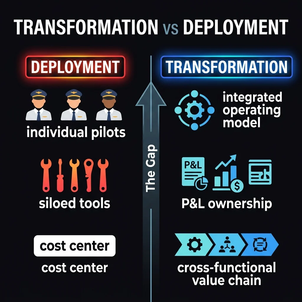 The deployment-to-transformation gap: AI that only optimizes individual processes delivers isolated efficiency gains. AI embedded in the operating model generates cross-functional P&L leverage — the 3.2× ROI differential that separates leaders from laggards in 2026. The Transformation vs. Deployment Diagnostic Framework — a 2D comparison showing the structural gap between pilot-stage AI deployment and operating-model-level AI transformation