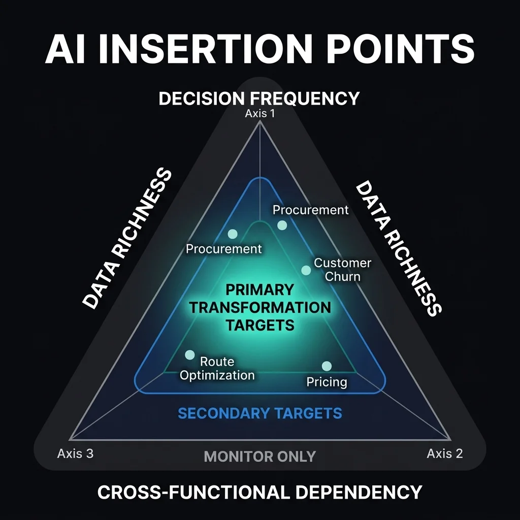 Score your top 20 business processes on three axes. Processes scoring 12 or above on the combined scale are your primary AI transformation targets — not because they are the easiest to automate, but because they generate the most cross-functional leverage when redesigned around AI. AI Insertion Points Mapping — radar/triangle scoring grid with three axes (Decision Frequency, Data Richness, Cross-Functional Dependency). Primary transformation targets cluster in the high-score center zone; sample business processes are plotted including Procurement, Customer Churn, Route Optimization, and Pricing.
