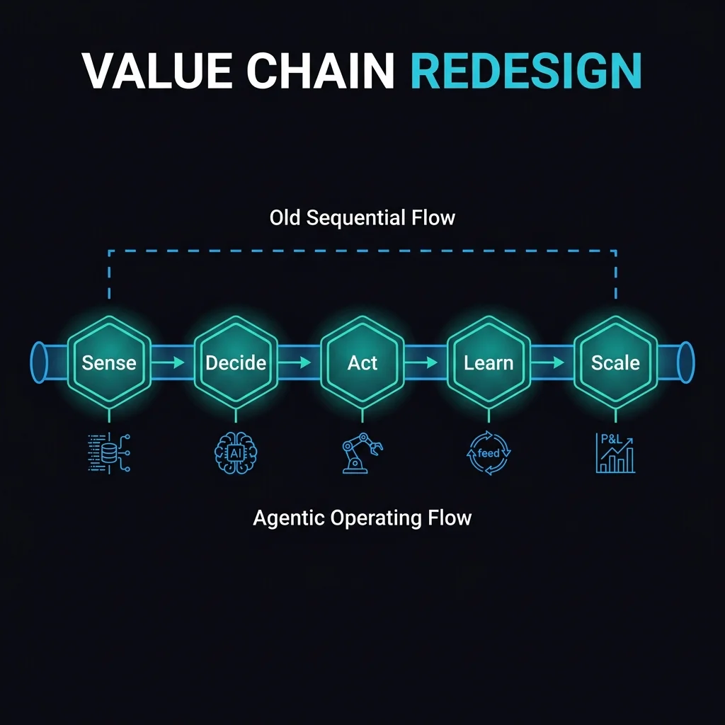 From sequential to continuous: The AI-integrated value chain replaces linear planning cycles with a closed-loop operating model where market signals trigger decisions within minutes, not weeks. Capgemini's 2026 research shows enterprises running this model achieve 2.7× faster time-to-decision than sequential-planning peers. The AI-Integrated Value Chain — Agentic Operating Flow with five nodes: Sense, Decide, Act, Learn, Scale. Shows how continuous-loop AI orchestration replaces sequential planning cycles for enterprise value creation.