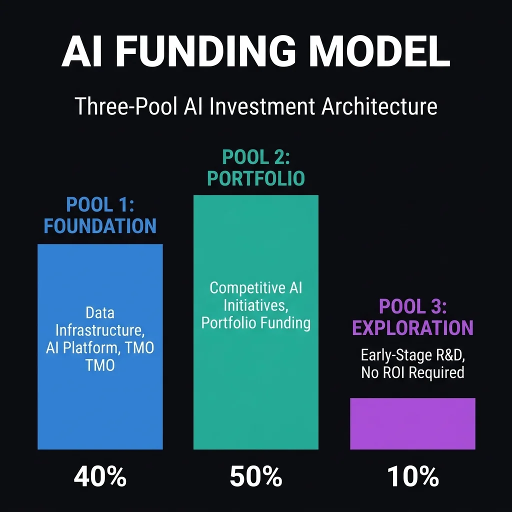The three-pool model prevents the two most common AI investment failures: starving the data foundation (because every initiative competes for its own budget Three-Pool AI Investment Architecture — bar chart showing Foundation Pool (40%, blue, data infrastructure and TMO), Portfolio Pool (50%, teal, competitive AI initiatives), Exploration Pool (10%, purple, no-ROI early-stage R&D). Allocations shift as transformation matures.