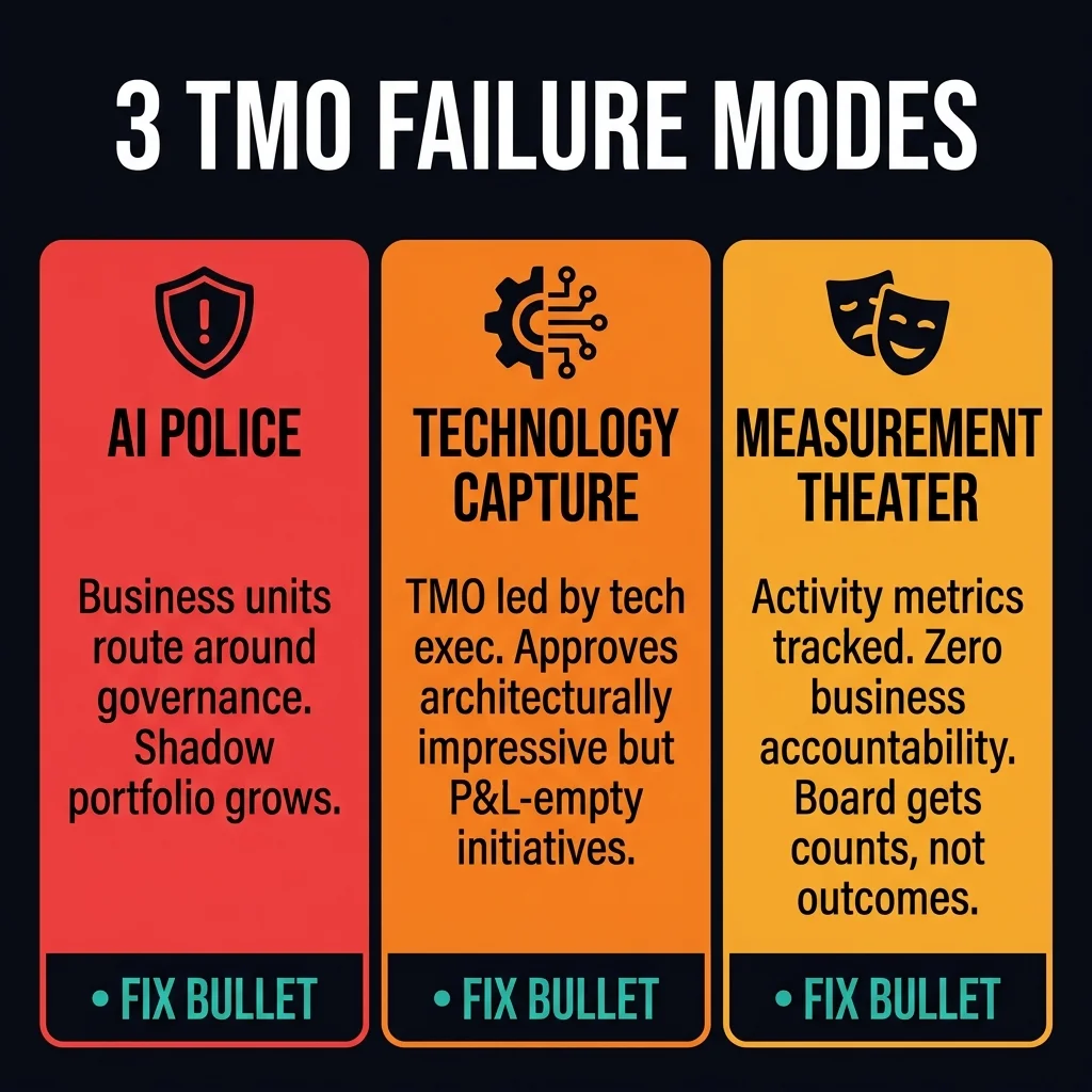 Every TMO fails in one of three predictable ways. AI Police failure is the most common and most easily fixed — by making the TMO a service provider, not just a gatekeeper. Measurement Theater is the hardest to diagnose because the board gets impressive reports. The fix requires committing to outcome baselines before any initiative begins. Three TMO Failure Modes — three warning panels for AI Police (governance routed around), Technology Capture (tech exec leads, P&L-empty initiatives approved), and Measurement Theater (activity metrics tracked, zero business accountability). Each panel shows the fix in teal.