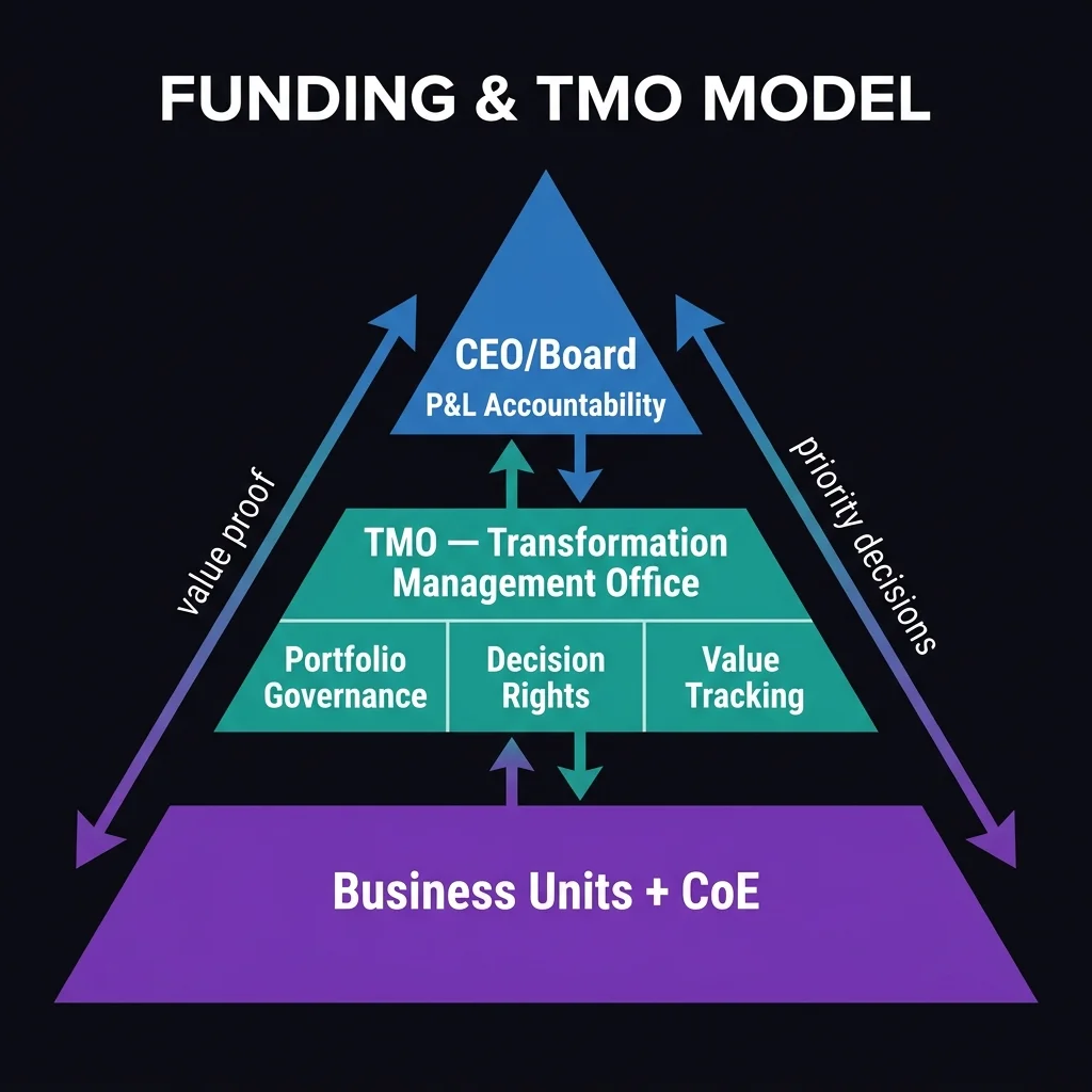 The AI governance stack: CEOs who achieve transformation operate with a Transformation Management Office sitting between board accountability and business unit execution. The TMO translates P&L ambition into portfolio prioritization, ensuring AI investment decisions are aligned to business outcomes — not to technology enthusiasm. The CEO AI Funding and TMO Governance Model — Shows three organizational tiers: CEO/Board (P&L Accountability), TMO (Portfolio Governance, Decision Rights, Value Tracking), and Business Units and CoE (Execution). Bidirectional arrows show value proof flowing up and investment priorities flowing down.