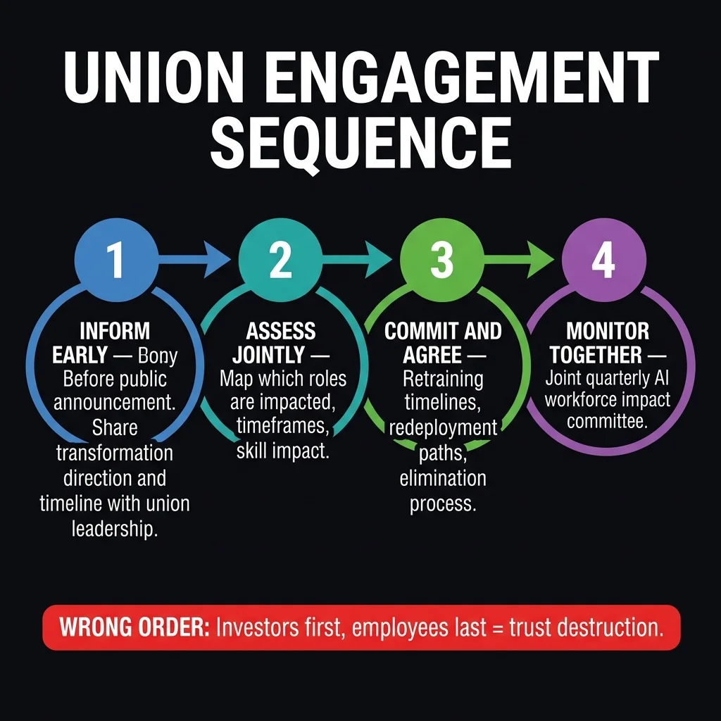 The sequence is the strategy. CEOs who brief investors on AI transformation efficiency gains before informing employees create the union resistance that costs 6–12 months of implementation delay. Inform internally first. The short-term communication discipline pays enormous long-term dividends in change velocity. Union Engagement Sequence — four-step numbered process flow: (1) Inform Early before public announcement, (2) Assess Jointly which roles are impacted, (3) Commit and Agree on retraining and redeployment, (4) Monitor Together via joint quarterly committee. Red warning banner below shows the wrong order — Investors first, employees last equals trust destruction.