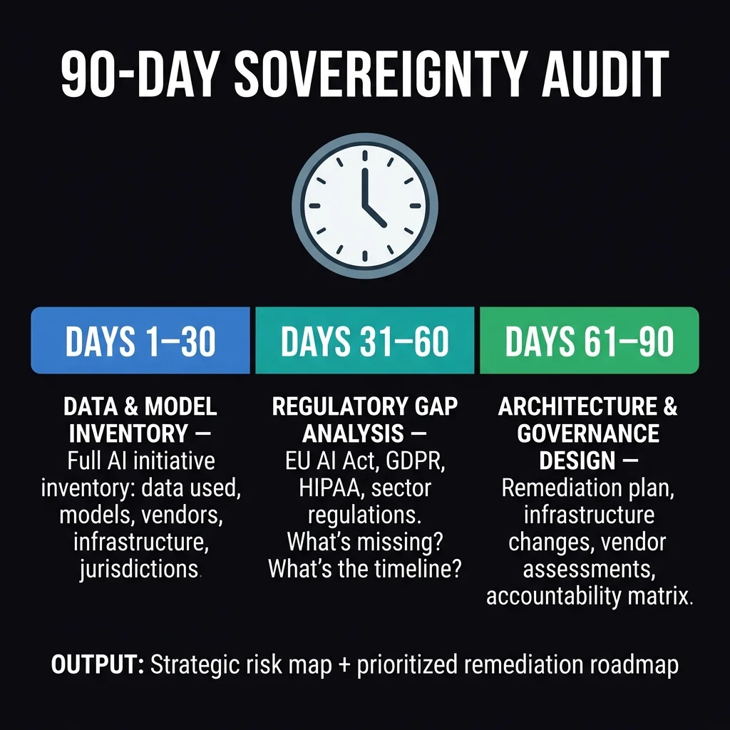The 90-day audit is not a compliance exercise — it is a strategic risk assessment. The output is a clear-eyed view of where geopolitical AI fragmentation creates operational and competitive exposure. Commission it with your CAIO, General Counsel, and CTO working jointly. The cross-functional involvement is essential — sovereignty risk is not a single-function problem. 90-Day AI Sovereignty Readiness Audit — horizontal three-block timeline: Days 1–30 Data and Model Inventory (full AI initiative census with data, models, vendors, jurisdictions), Days 31–60 Regulatory Gap Analysis (EU AI Act, GDPR, HIPAA coverage mapping), Days 61–90 Architecture and Governance Design (remediation plan, accountability matrix). Large clock icon above. Output: strategic risk map and prioritised roadmap.