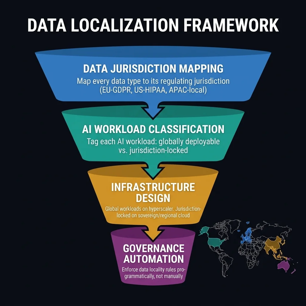 Manual data localization controls fail in complex multinational environments. Step 4 — governance automation — is the one most enterprises skip. Without automated enforcement, data locality rules drift as new AI workloads are added outside the governance review cycle. The architecture must enforce what policy requires. Data Localization Framework — four-step funnel: (1) Data Jurisdiction Mapping — map every data type to its regulating jurisdiction, (2) AI Workload Classification — globally deployable vs. jurisdiction-locked, (3) Infrastructure Design — hyperscaler for global, sovereign cloud for regulated, (4) Governance Automation — enforce data locality rules programmatically. World map outline on the right shows regional regulatory zones.