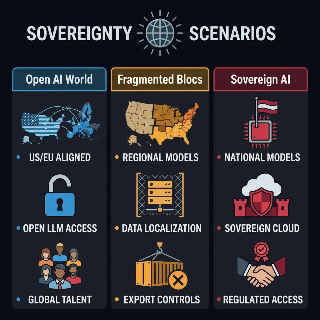 Geopolitical fragmentation is reshaping enterprise AI architecture. The three scenarios require different model strategies, vendor relationships, and governance frameworks — a single global AI stack is no longer viable for multinational organizations operating in regulated markets. The CEO AI Sovereignty Scenario Map — Three scenarios for global enterprise AI strategy: Open AI World (blue, US/EU aligned), Fragmented Blocs (amber, regional models and data localization), and Sovereign AI (red, national models and regulated access). Planning across all three is essential for multinational operating models.