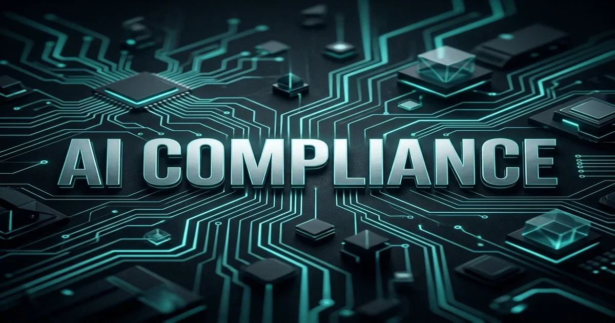 Cinematic Banner: Title 'AI COMPLIANCE' set against an obsidian industrial glass trace background. SEO Banner — EU AI Act Playbook — AI COMPLIANCE