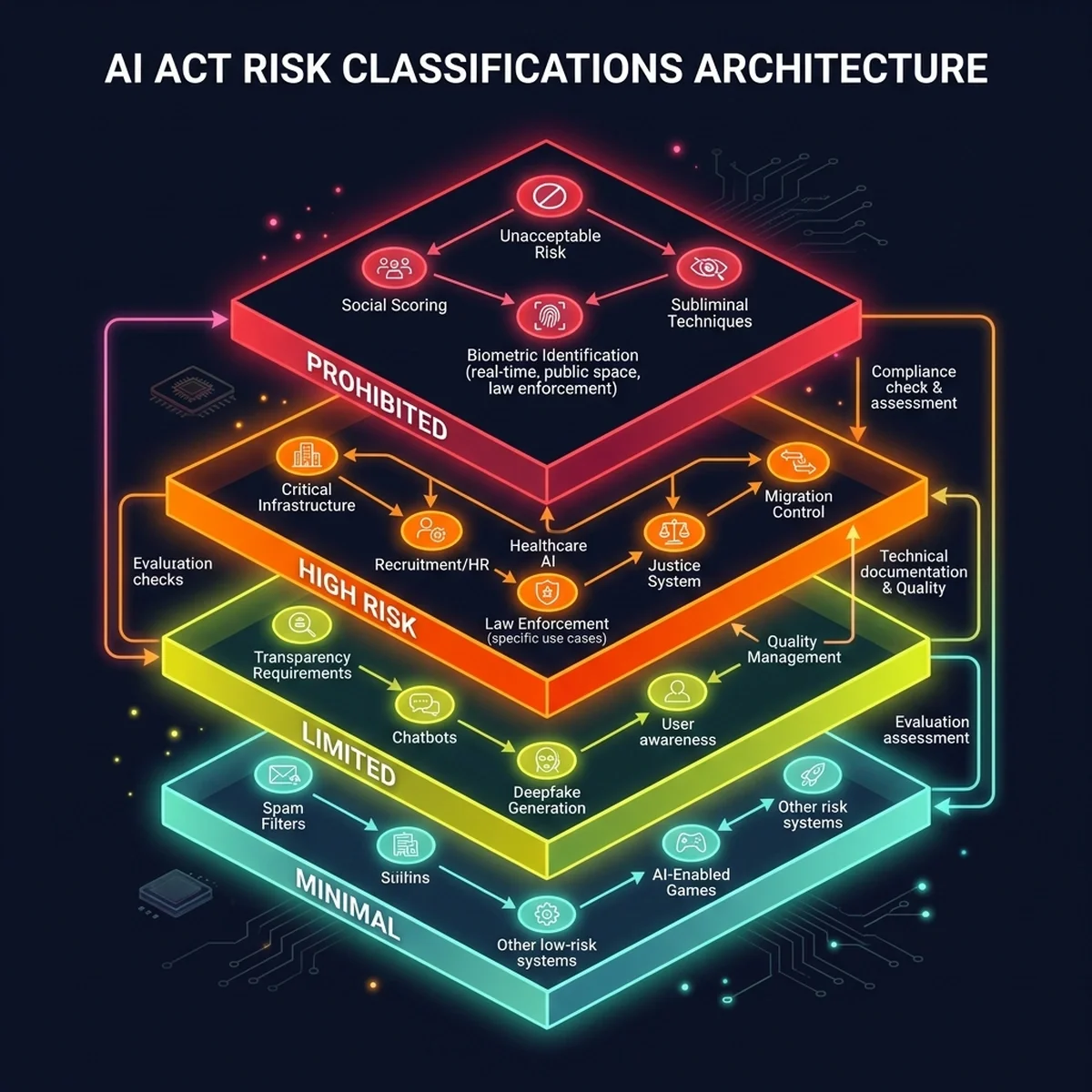 Compliance Architecture: Multi-tiered classification boundary gating model requests based on prohibited and high-risk regulatory classes. System Architecture Diagram — compliance-risk-matrix-diagram