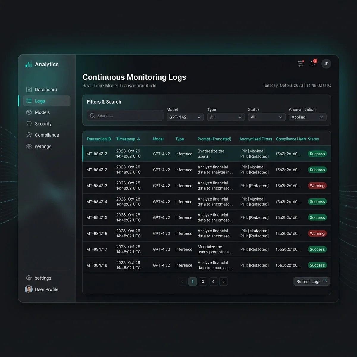 UI Screenshot: Continuous logging console displaying model outputs, risk flags, and compliance tags. UI Screenshot: Continuous logging console displaying model outputs, risk flags, and compliance tags.