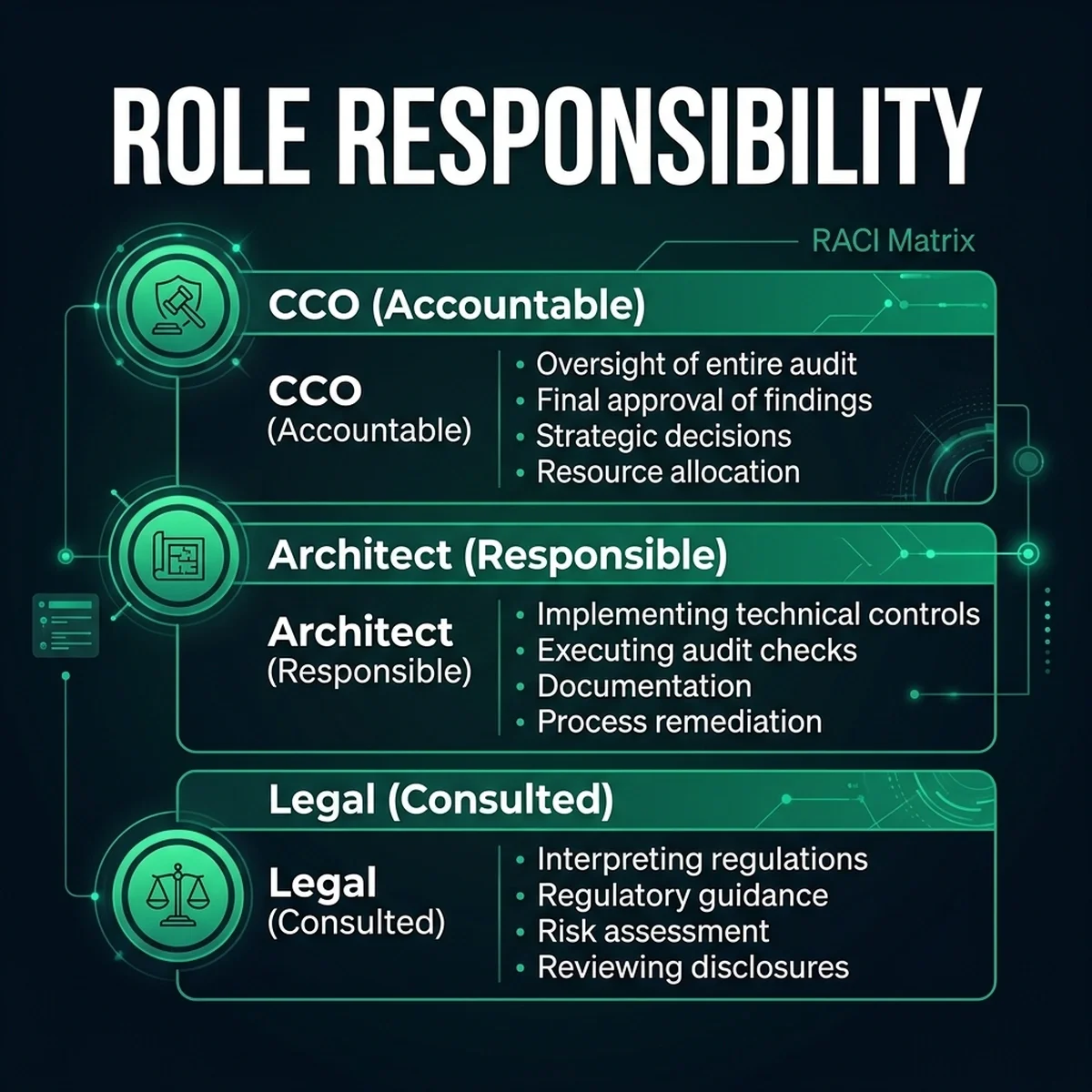 Infographic: RACI compliance matrix showing responsibilities, approvals, and evidence pack collection checkpoints. Infographic: RACI compliance matrix showing responsibilities, approvals, and evidence pack collection checkpoints.