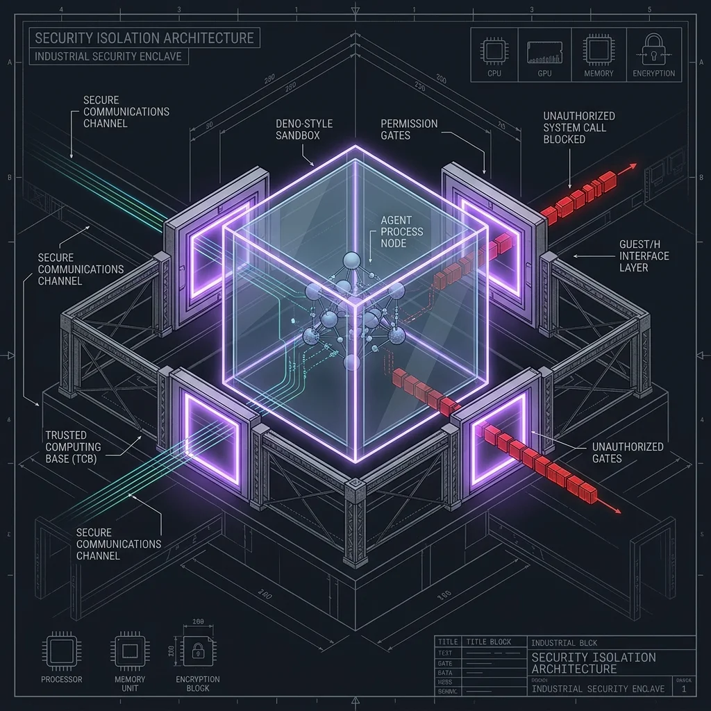 Agentic OS Security Isolation — Isometric Sandbox Schematic