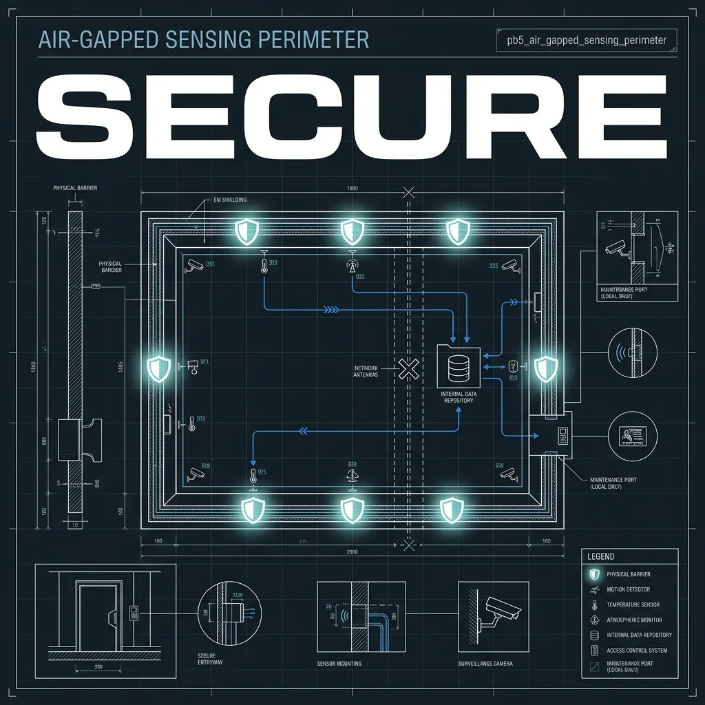 SECURE Orchestration — Total sensory isolation for high-security enterprise nodes. Cinematic 2D Blueprint: Air-Gapped Sensing Perimeter