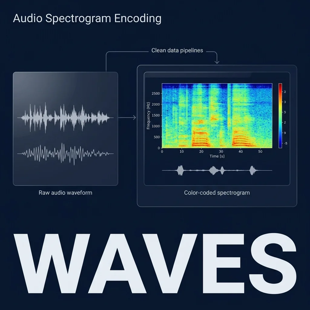 WAVES Engine — Mapping temporal audio frequencies for multimodal perception. Technical Diagram: Audio Spectrogram Encoding