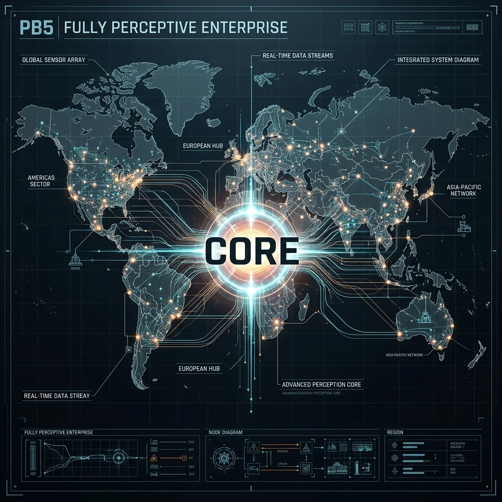 ENTERPRISE Core — The final state of industrial multimodal sensing orchestration. Cinematic 2D Blueprint: The Fully Perceptive Enterprise