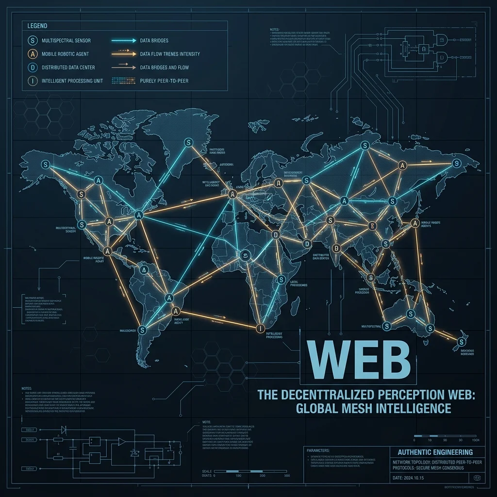 WEB Engine — A global, self-healing mesh of sensory intelligence. Cinematic 2D Blueprint: The Decentralized Perception Web