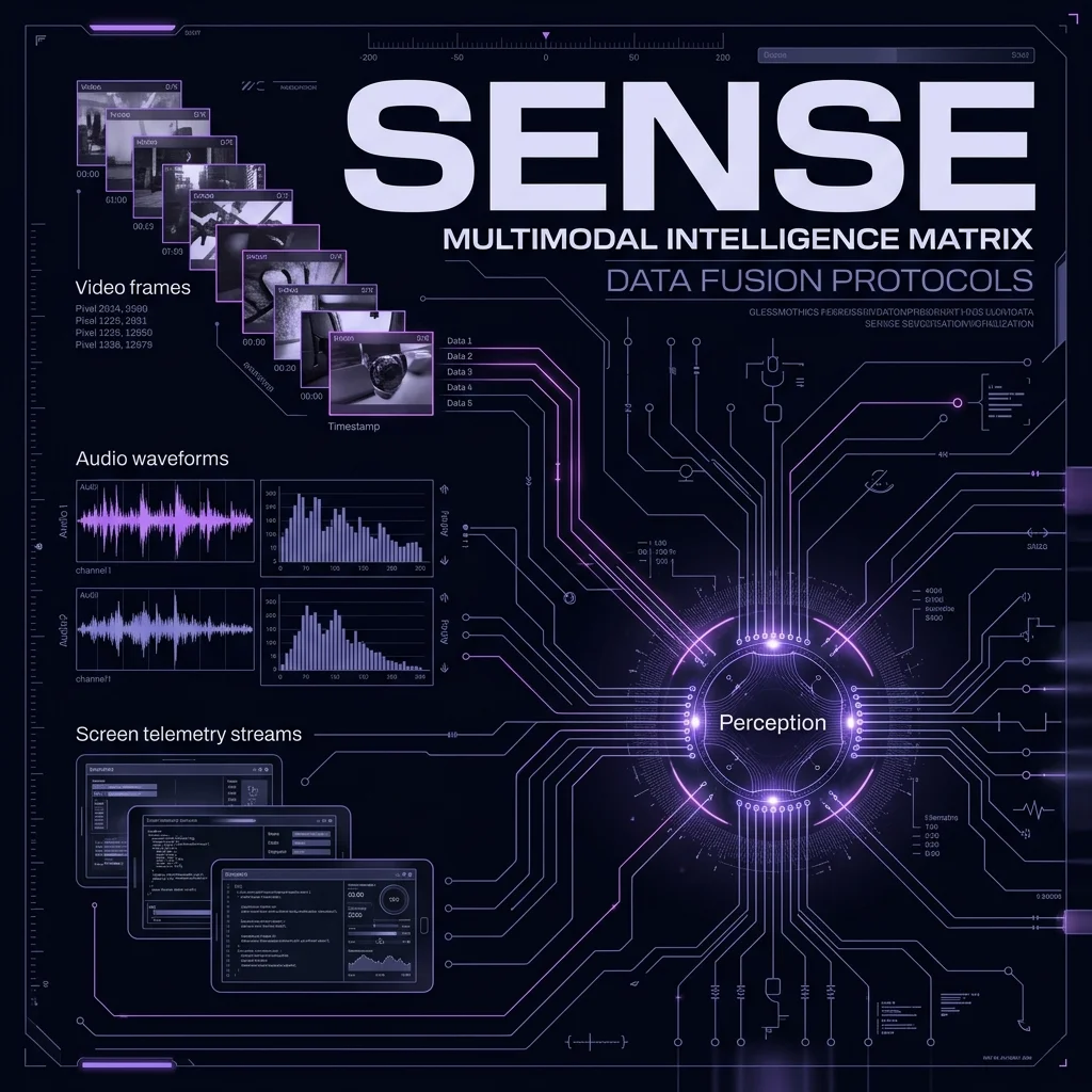 SENSE Core — Unified sensory ingestion of Video, Audio, and Screen data. Cinematic 2D Blueprint: The Multimodal Input Matrix